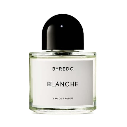 Byredo Blanche EDP ha un colore tenue tra il verde e giallo paglierino. La boccetta è trasparente.